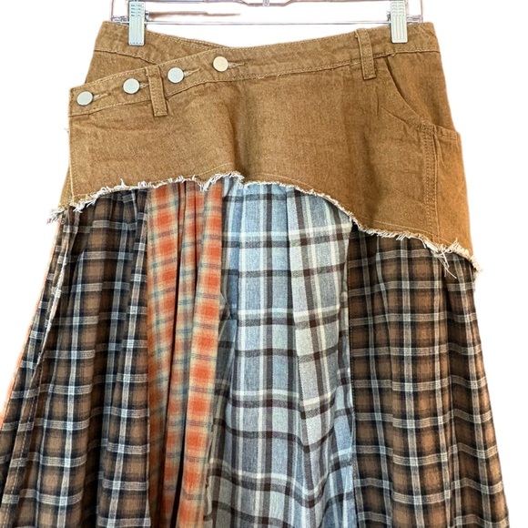MICAS Western Patchwork Plaid Hi-Lo Skirt Raw Hem Boho Prairie Size L - Picture 7 of 10